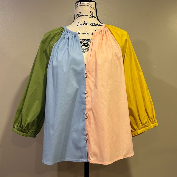 CROSBY by Mollie Burch 3/4 Balloon Sleeve Split V-Neck Button Front Rives Top - Picture 11 of 15